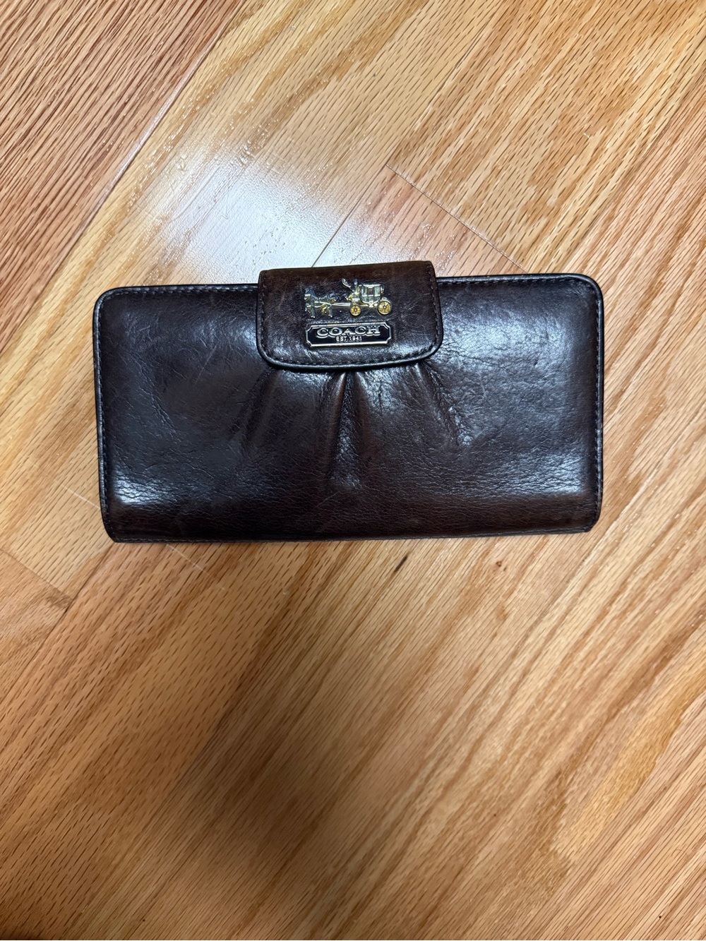 Coach Brown Leather Continental Wallet with Gold Tone Coach Horse Logo